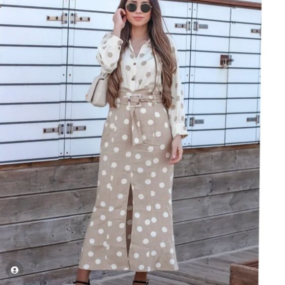 Zara Polka Dot belted linen blend midi skirt Beige XS NWT - Picture 1 of 9